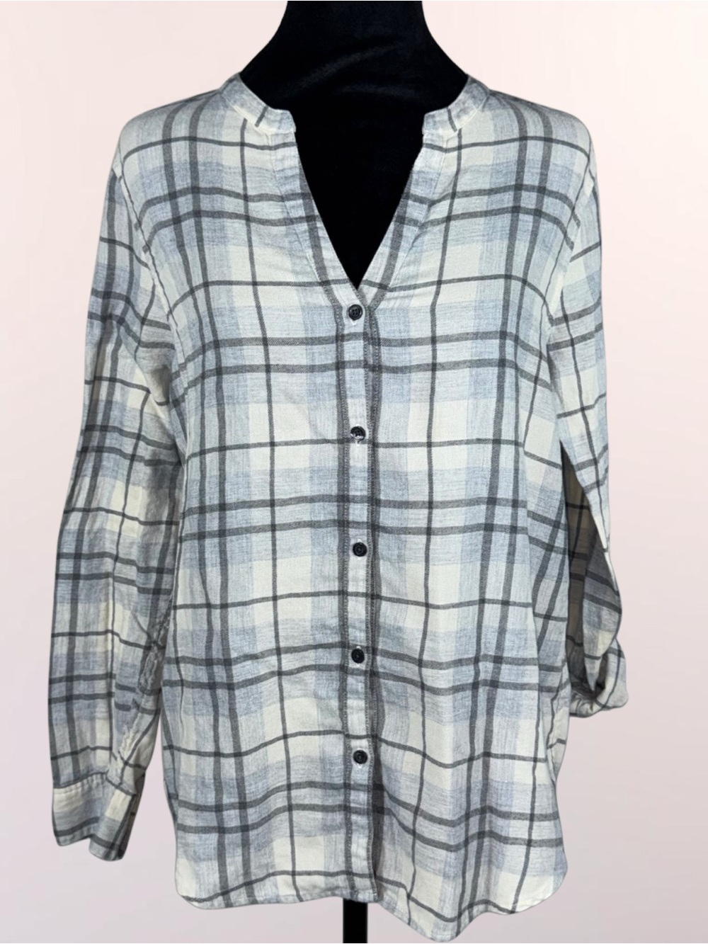 Calvin Klein Women’s Cotton Flannel Shirt Plaid Collarless Roll Tab Sleeve Med - Picture 5 of 16
